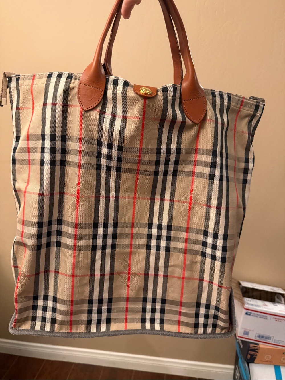 Burberry Travel Foldable Tote Bag in Beige with Leather Trims